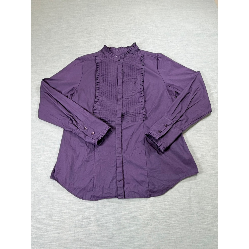 Merona Womens Purple Ruffle Tuxedo Bib Blouse Long Sleeve Button Down Large